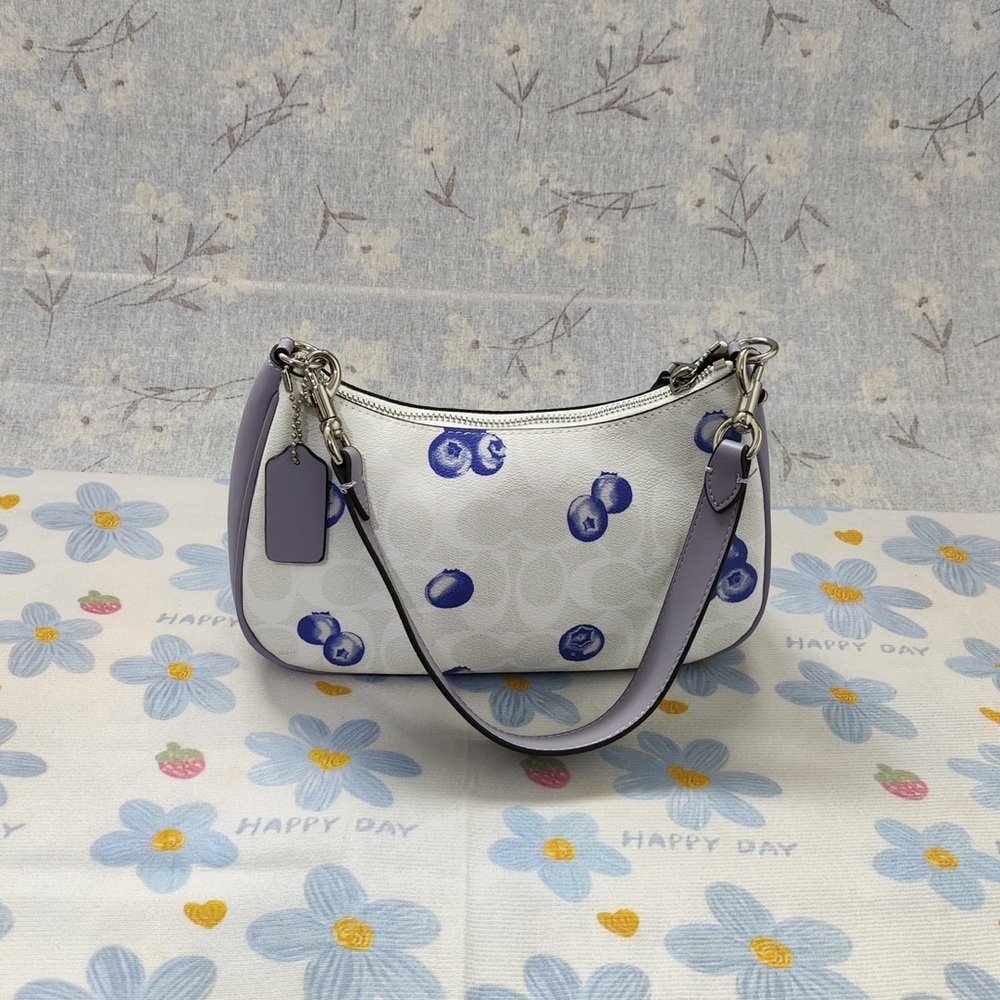 Coach White Mini Shoulder Bag with Lavender and Blue Berry Print - Picture 6 of 12